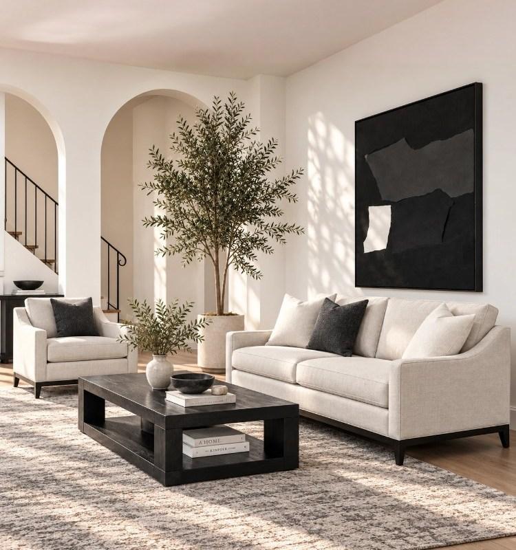 Cream fabric Moran Century sofa and chair in a sunlit living room